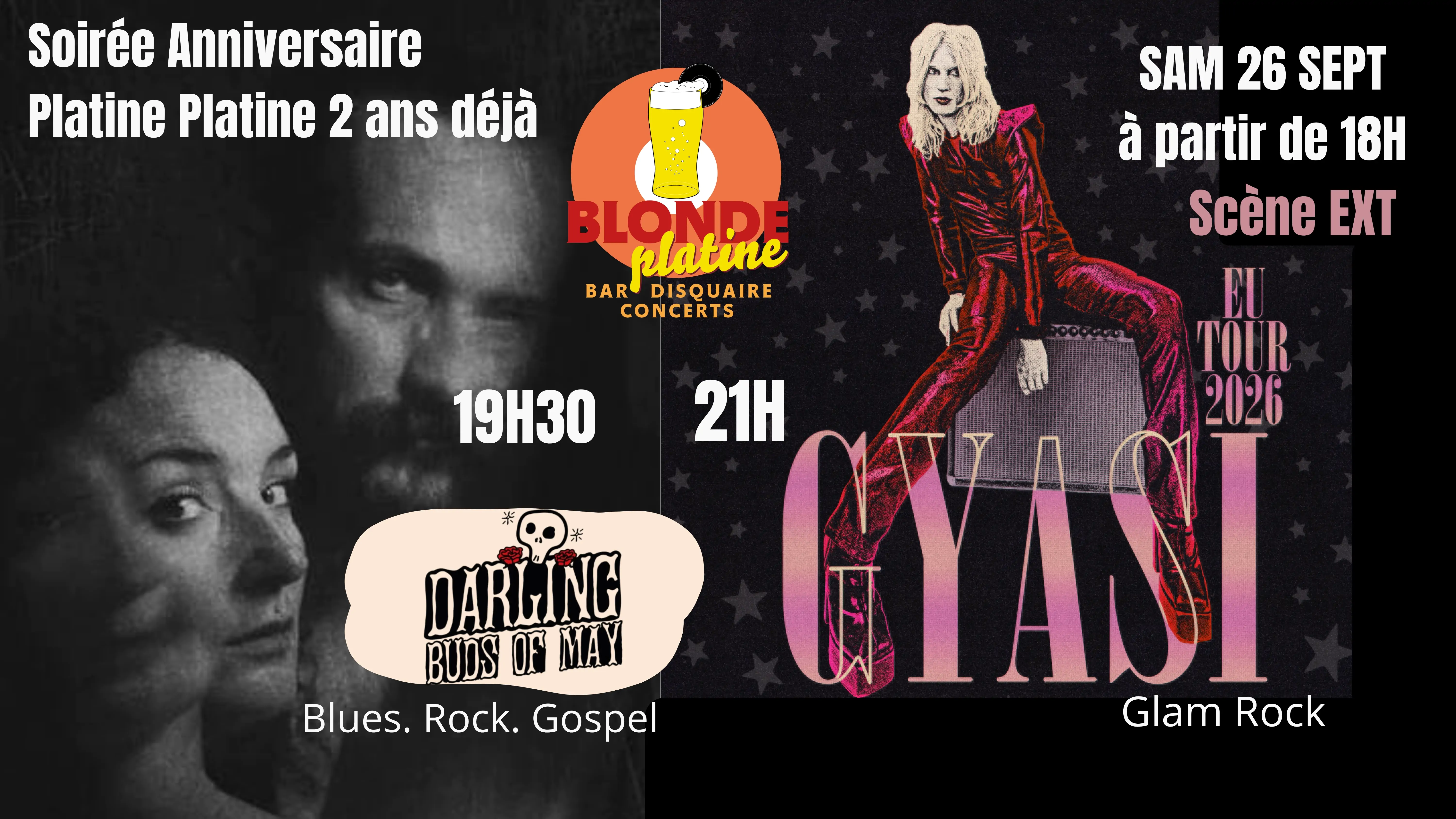 Concerts Gyasi ( Us/ Glam Rock) Darling Buds of May (Blues rock) Soirée 2 ans du bar disquaire Blonde Platine